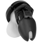 Black silicone chastity cage with blue lines
