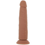 Brown silicone vibrating thrusting dildo with rivet-like details