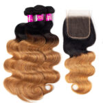 Brazilian T1b/27 Ombre Blonde Color Body Wave Hair 3 Bundles With 4×4 Lace Closure