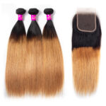 Ombre Blonde Color T1b/27 Straight Hair 3 Bundles With 4×4 Lace Closure 100% Virgin Hair Extension