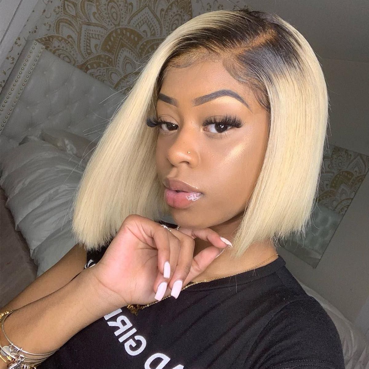 Short Bob Wigs Blonde Wig With Dark Roots Straight Hair 13×4 Lace Front Wigs Short Bob Wigs Blonde Wig With Dark Roots Straight Hair 13×4 Lace Front Wigs - Image 1
