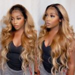 Ombre Body Wave 6×5 Glueless HD Lace Human Hair Wigs Honey Blonde Color with Brown Roots T2/27