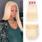 613 Blonde Virgin Human Hair Straight 3 Bundles With Lace Frontal Honey Blonde Brazilian Straight Hair 10A Human Hair Extensions