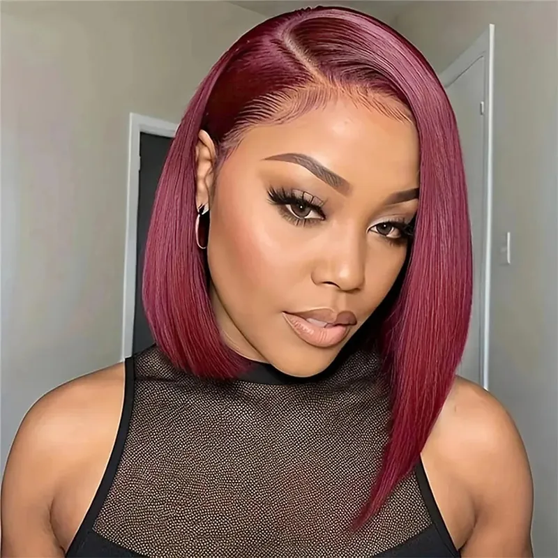 Burgundy 99J Color Short Bob Straight Human Hair 6×5 Glueless Lace Closure Wigs Burgundy 99J Color Short Bob Straight Human Hair 6×5 Glueless Lace Closure Wigs - Image 1