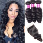 Loose Wave 3 Bundles With 5×5 Lace Closure 100% Human Hair Extension Spring Loose Curly