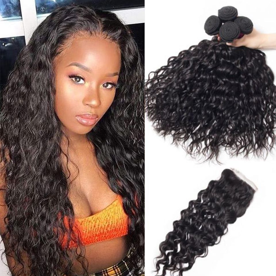 Brazilian Water Waves 4 Bundles With Closure Wet And Wavy 100% Human Hair Extension Brazilian Water Waves 4 Bundles With Closure Wet And Wavy 100% Human Hair Extension - Image 1