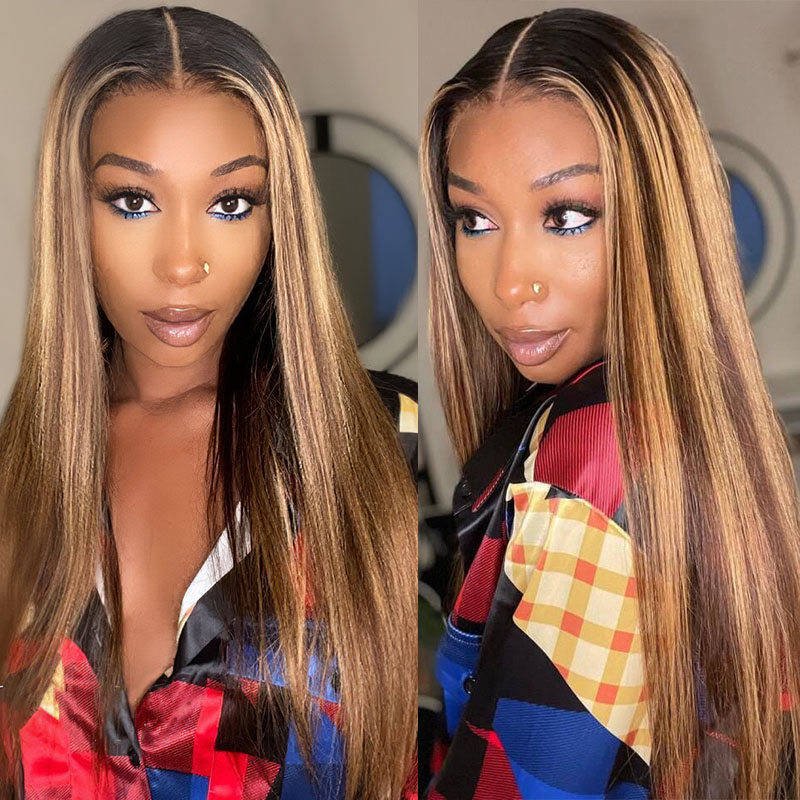 Ombre Highlight Honey Blonde Straight Hair 6×5 13×4 HD Lace Glueless Full Frontal Wig with Dark Roots Ombre Highlight Honey Blonde Straight Hair 6×5 13×4 HD Lace Glueless Full Frontal Wig with Dark Roots - Image 1
