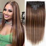 Highlight Color Straight Seamless Clip in Human Hair Extensions 7 Pieces/Set Brown Mix Blonde