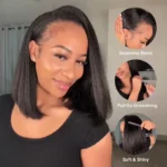 Kinky Straight Bob Half Wig Flip Over Human Hair Wig Seamless Blend Natural Hairline - Image 9