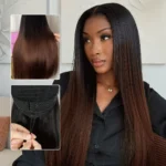 Ombre Brown Yaki Straight V Part Wig Minimal Leave Out Natural Scalp Human Hair Wig - Image 3