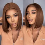 Silk Straight Bob Wig Toffee Brown Color Sleek Blunt Cut Pull Go 6×5 Lace Glueless Wig - Image 5
