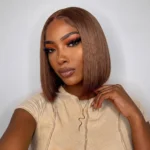 Silk Straight Bob Wig Toffee Brown Color Sleek Blunt Cut Pull Go 6×5 Lace Glueless Wig