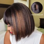 Yaki Straight Bob Wig With Bangs Minimalist Lace Realistic Scalp Glueless Human Hair Wig - Image 6