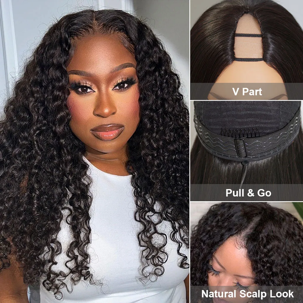Bouncy Deep Wave V Part Wig Human Hair Wig No Glue No Gel Easy Install Bouncy Deep Wave V Part Wig Human Hair Wig No Glue No Gel Easy Install - Image 1