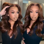 Chocolate Brown Body Wave With Curtain Bangs Wig Glueless 6×5 Pre-Cut Lace Wig - Image 7