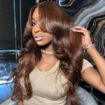 Chocolate Brown Body Wave With Curtain Bangs Wig Glueless 6×5 Pre-Cut Lace Wig - Image 6