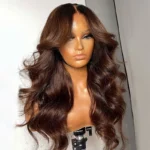 Chocolate Brown Body Wave With Curtain Bangs Wig Glueless 6×5 Pre-Cut Lace Wig - Image 2
