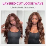 Trendy Layered Cut Loose Wave Wig Dark Brown / Burgundy Color Pull Go Glueless 6×5 Lace Wig 200% - Image 7