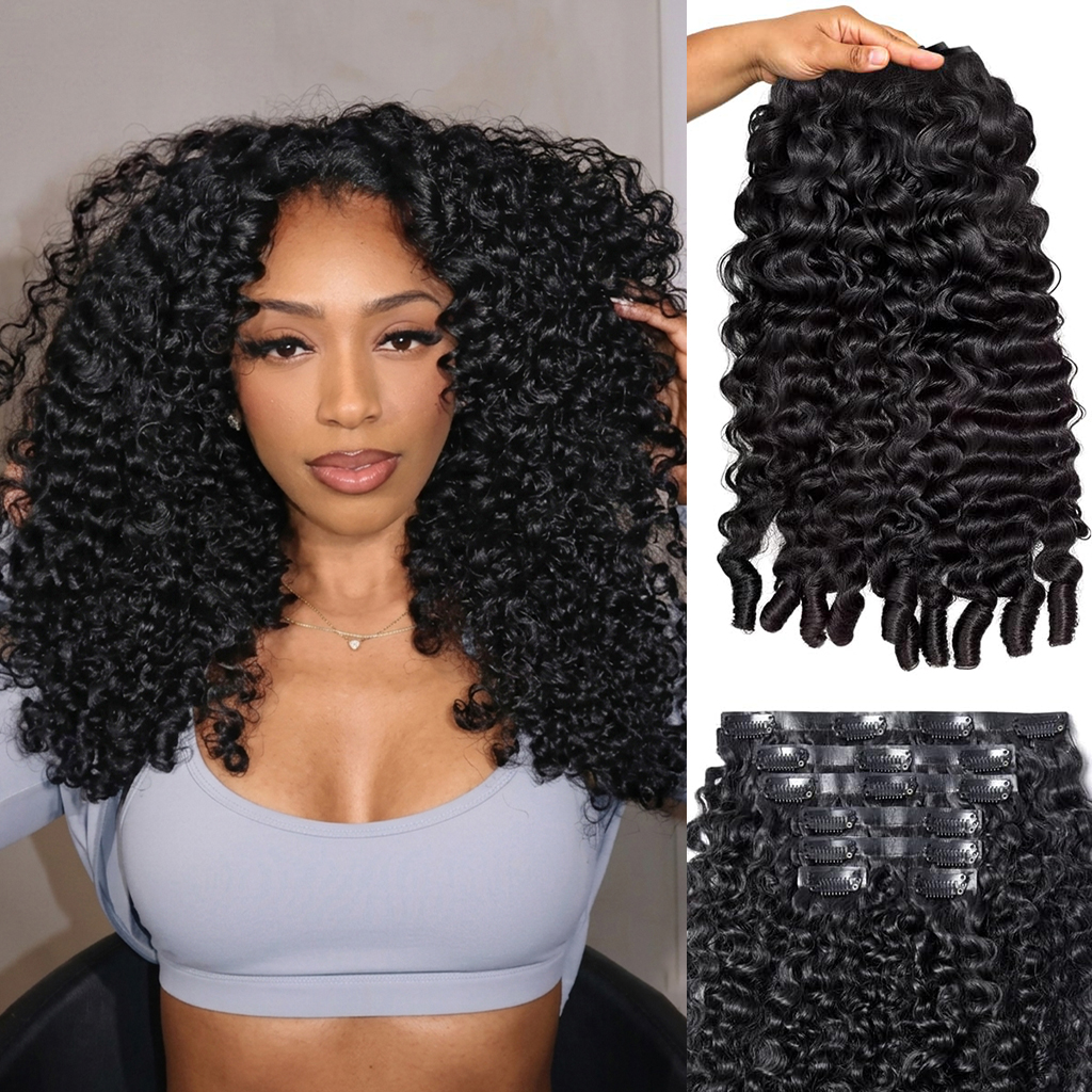 Burmese Curly Seamless Clip In Hair Extensions Real Human Hair 7 Pcs/pack Natural Volume & Looking Burmese Curly Seamless Clip In Hair Extensions Real Human Hair 7 Pcs/pack Natural Volume & Looking - Image 1