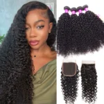 Tinashe Brazilian Curly Human Hair Weft With Closure 100% Virgin Human Hair 4 Bundles With 5×5 Closure