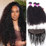 Curly Weave Human Hair 3 Bundle with 13×4 HD Lace Frontal Closure