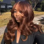 Chocolate Brown Body Wave With Curtain Bangs Wig Glueless 6×5 Pre-Cut Lace Wig - Image 4