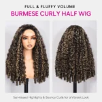 Balayage Highlight Burmese Curly Half Wig With Spiral Curly Ends Flip Over Human Hair Wig - Image 5