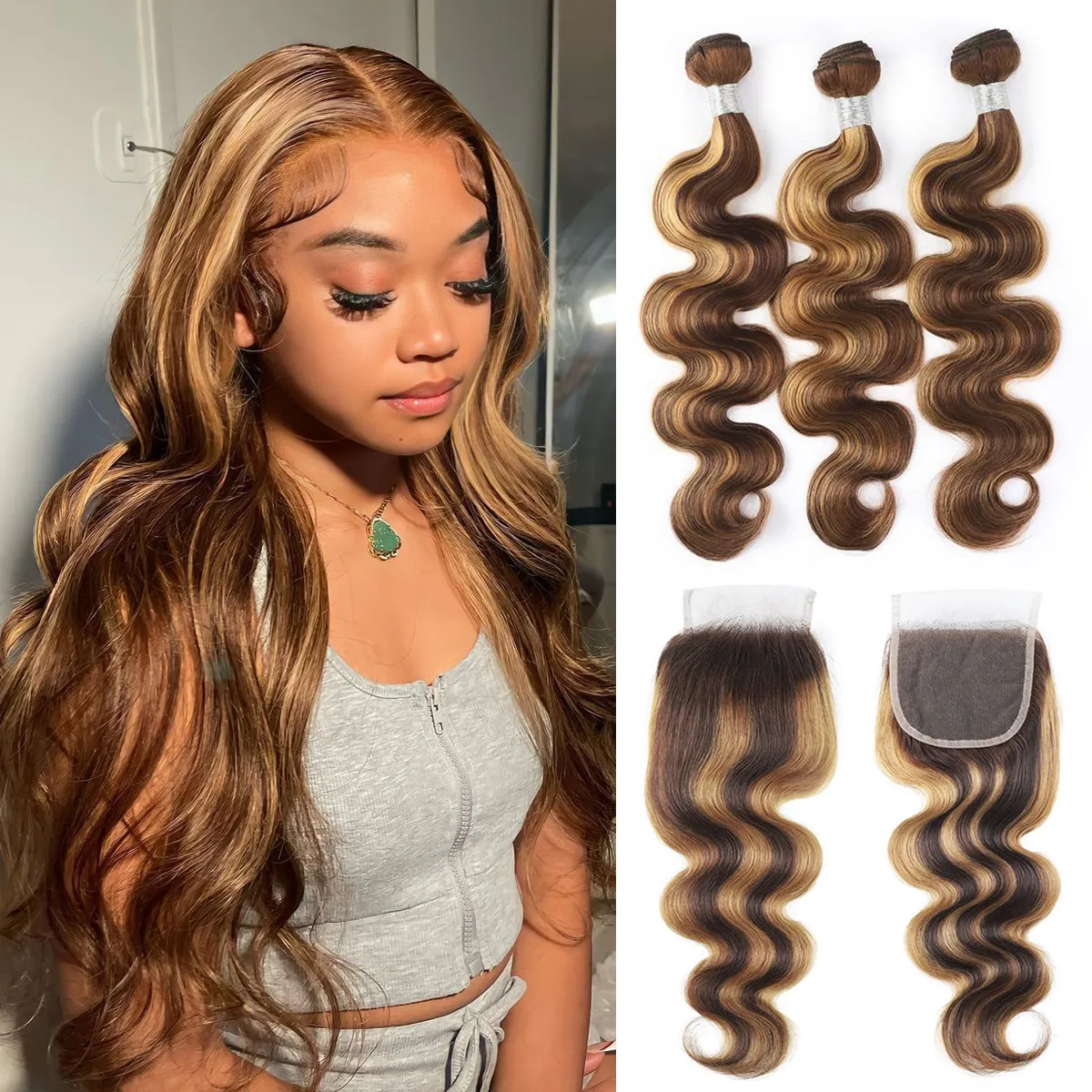 Honey Blonde Highlight Body Wave Hair 3 Bundles With 5×5 HD Lace Closure Honey Blonde Highlight Body Wave Hair 3 Bundles With 5×5 HD Lace Closure - Image 1