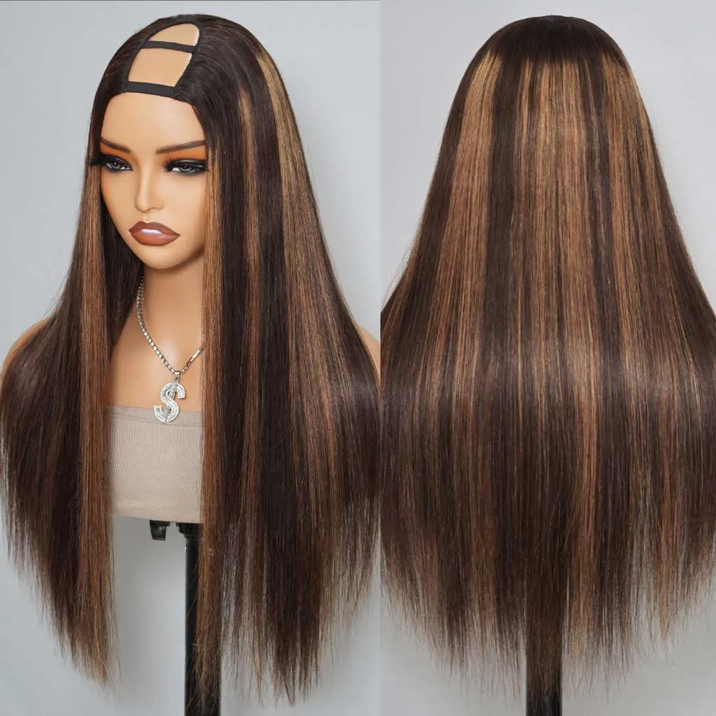 Highlight Brown U Part Wig Body Wave / Straight No Glue Easy Install Highlight Brown U Part Wig Body Wave / Straight No Glue Easy Install - Image 1
