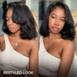 Kinky Straight Bob Half Wig Flip Over Human Hair Wig Seamless Blend Natural Hairline - Image 4