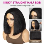Kinky Straight Bob Half Wig Flip Over Human Hair Wig Seamless Blend Natural Hairline - Image 7