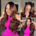 Ombre Brown With Dark Roots Loose Wave Layered Cut C-Side Part Glueless Wig 6×5 Pre-Cut Lace Human Hair Wig