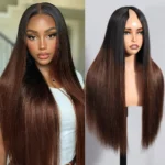 Ombre Brown Yaki Straight V Part Wig Minimal Leave Out Natural Scalp Human Hair Wig