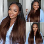 Ombre Brown Yaki Straight V Part Wig Minimal Leave Out Natural Scalp Human Hair Wig - Image 7