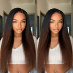 Ombre Brown Yaki Straight V Part Wig Minimal Leave Out Natural Scalp Human Hair Wig - Image 6