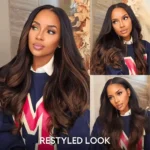Ombre Brown Yaki Straight V Part Wig Minimal Leave Out Natural Scalp Human Hair Wig - Image 8