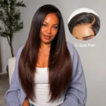 Ombre Brown Yaki Straight Wig With Layers C-Side Part Pull Go Glueless 6×5 Lace Wig - Image 5