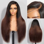 Ombre Brown Yaki Straight Wig With Layers C-Side Part Pull Go Glueless 6×5 Lace Wig - Image 3