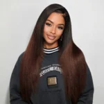 Ombre Brown Yaki Straight Wig With Layers C-Side Part Pull Go Glueless 6×5 Lace Wig