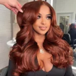 Reddish Brown Body Wave With Curtain Bangs Wig Glueless 6×5 Pre-Cut Lace Wig - Image 4