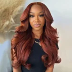 Reddish Brown Body Wave With Curtain Bangs Wig Glueless 6×5 Pre-Cut Lace Wig - Image 3
