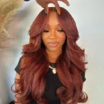 Reddish Brown Body Wave With Curtain Bangs Wig Glueless 6×5 Pre-Cut Lace Wig - Image 2