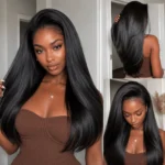 Yaki Straight 3 IN 1 Half Wig Glueless Install 100% Human Hair Drawstring Flip Over Wig