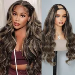 Balayage Highlight U Part Human Hair Wig Straight/Body Wave No Glue Protective Style Black with Blonde Highlight