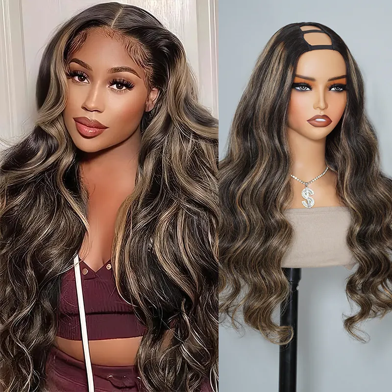 Balayage Highlight U Part Human Hair Wig Straight/Body Wave No Glue Protective Style Black with Blonde Highlight Balayage Highlight U Part Human Hair Wig Straight/Body Wave No Glue Protective Style Black with Blonde Highlight - Image 1