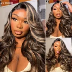 Balayage Highlight Body Wave/Straight 6×5 13×4 HD Lace Frontal Human Hair Wig Black With Blonde Highlight - Image 9