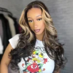 Brown With Blonde Color Balayage Highlight 6×5 Lace Glueless Body Wave Human Hair Wig - Image 3