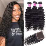 Brazilian Deep Wave Bundles With Closure Recool Hair 3 Bundles With 5×5 Lace Closure 100% Virgin Human Hair