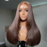 Trendy Layered Design Brown Color Human Hair Straight Wear Go Glueless 6×5 HD Lace Closure Wig Shoulder Length