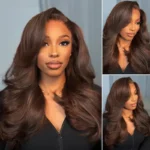 Brown/Dark Burgundy Color Pre Styled Butterfly Layered Cut Loose Body Wave 6×5 Glueless Closure Wig - Image 15
